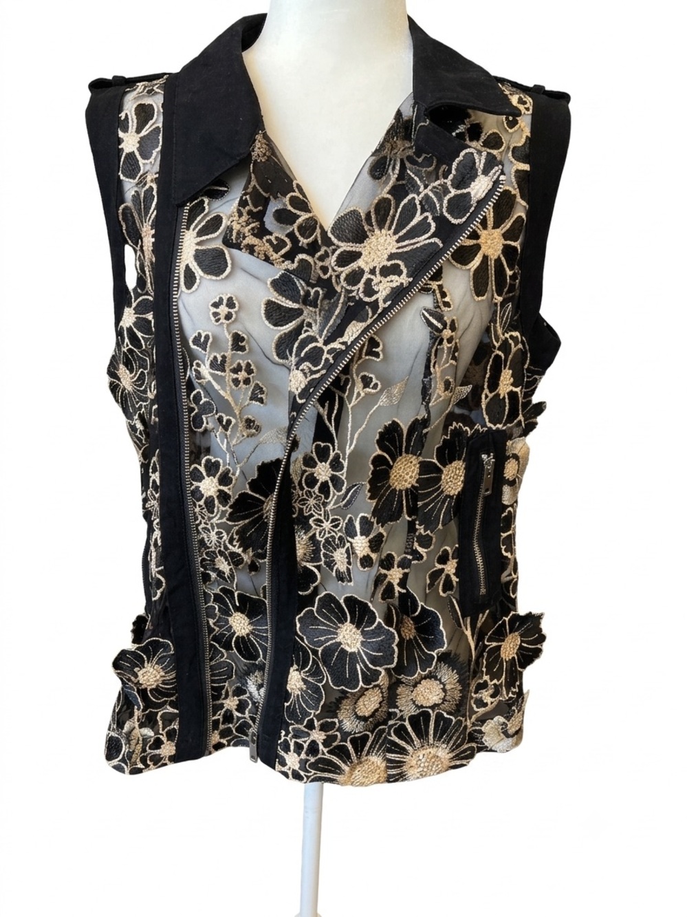Adore Black & Cream Floral Lace Moto Vest